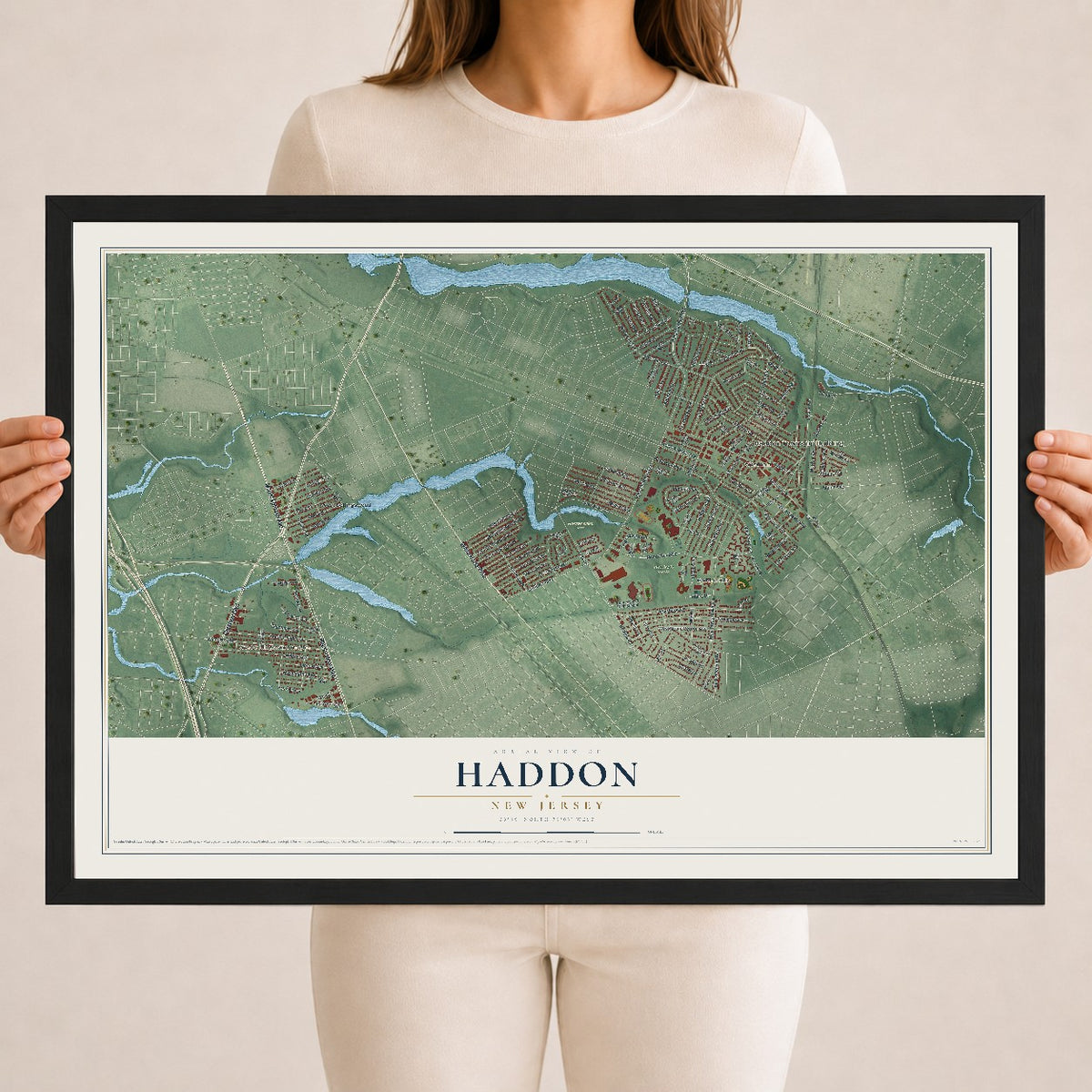 Haddon, New Jersey map print, 18" x 24" W/ Black Ayous Wood Frame mockup