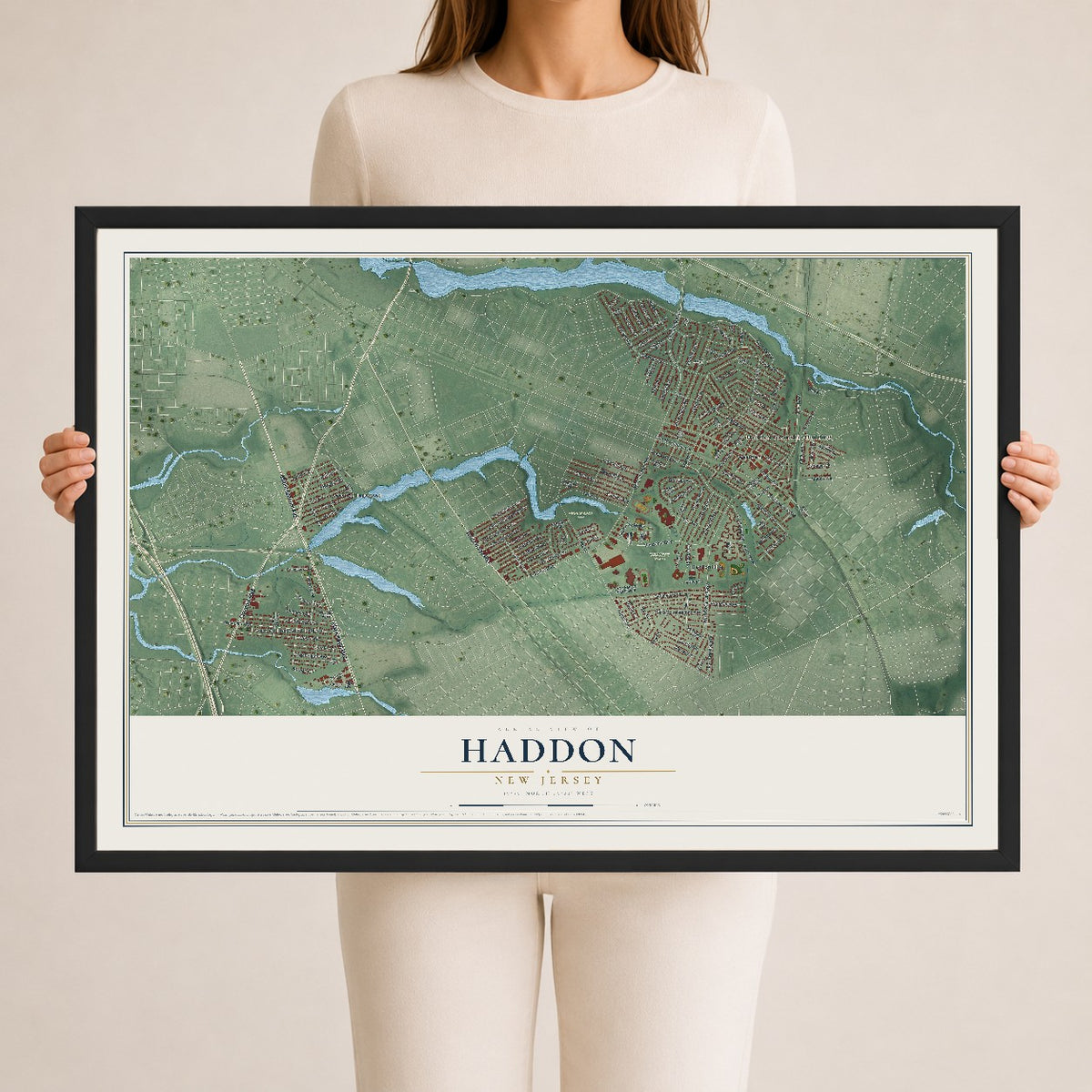 Haddon, New Jersey map print, 24" x 36" W/ Black Ayous Wood Frame mockup