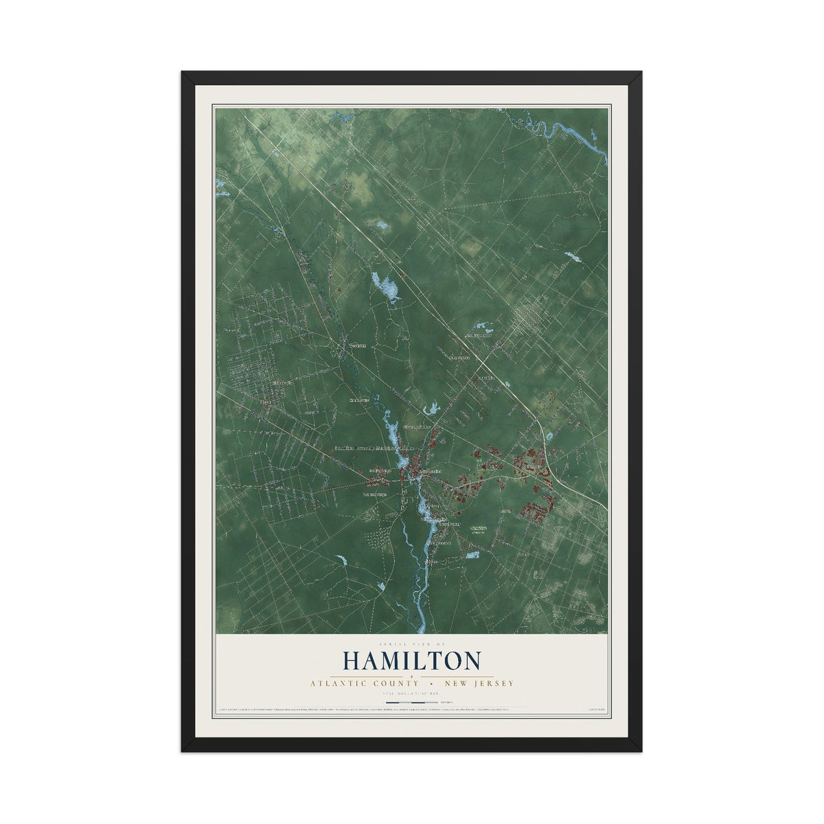 Hamilton, New Jersey map print, 12" x 18" W/ Black Ayous Wood Frame mockup
