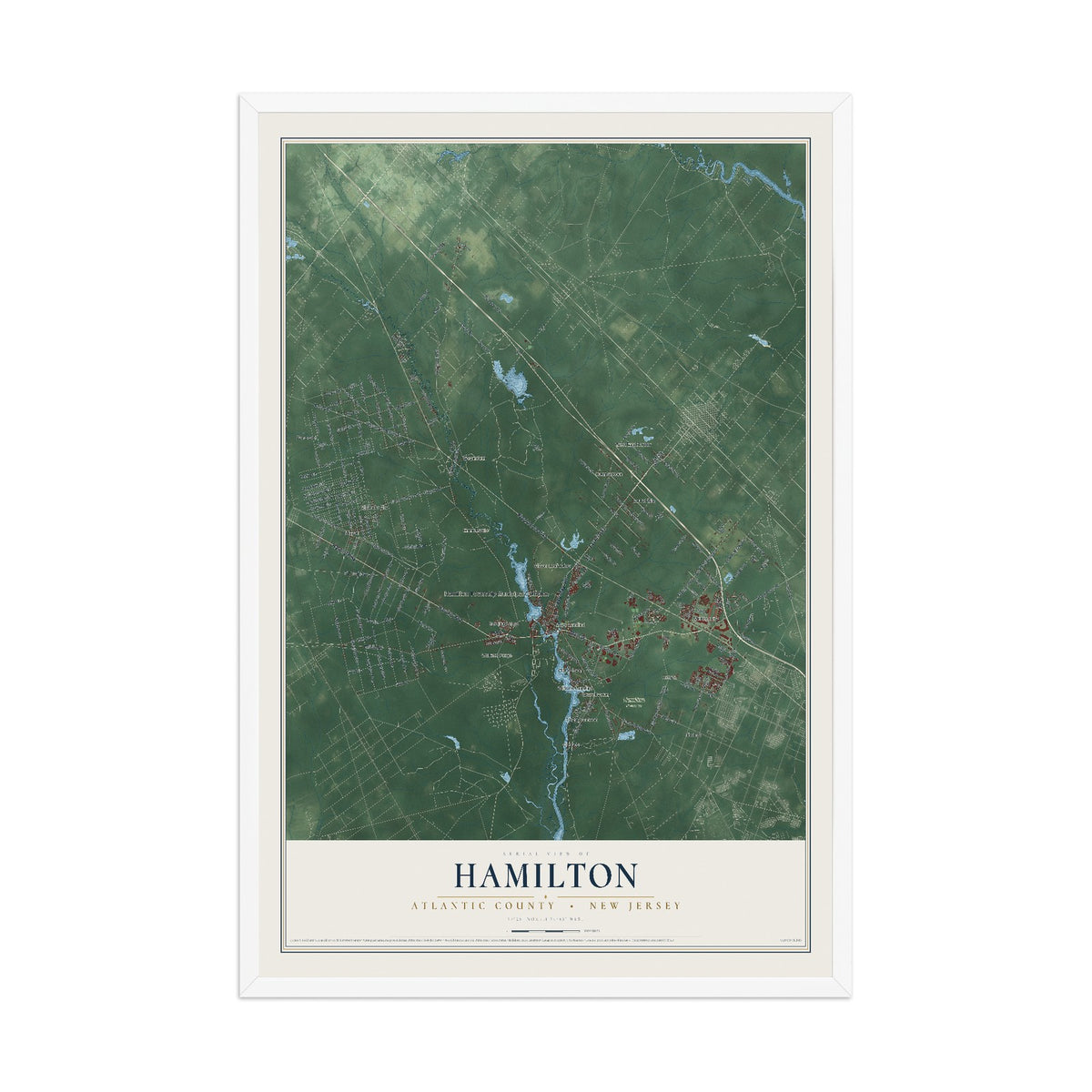 Hamilton, New Jersey map print, 12" x 18" W/ White Ayous Wood Frame mockup