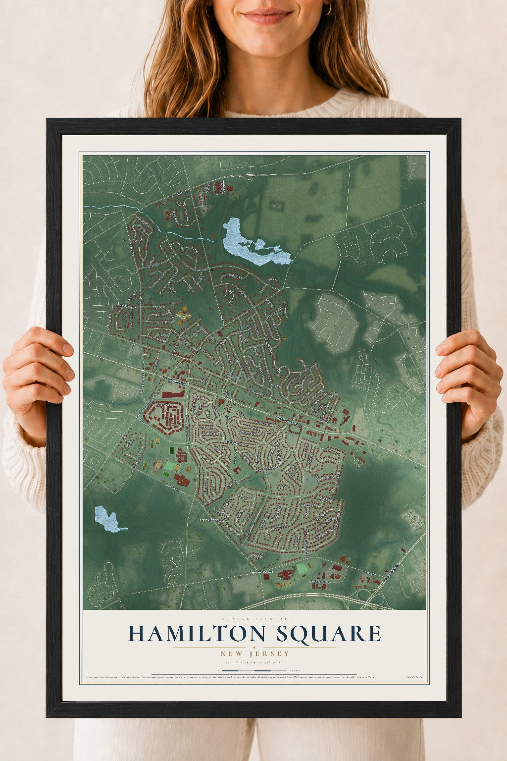 Hamilton Square, New Jersey map print, 18" x 24" W/ Black Ayous Wood Frame mockup