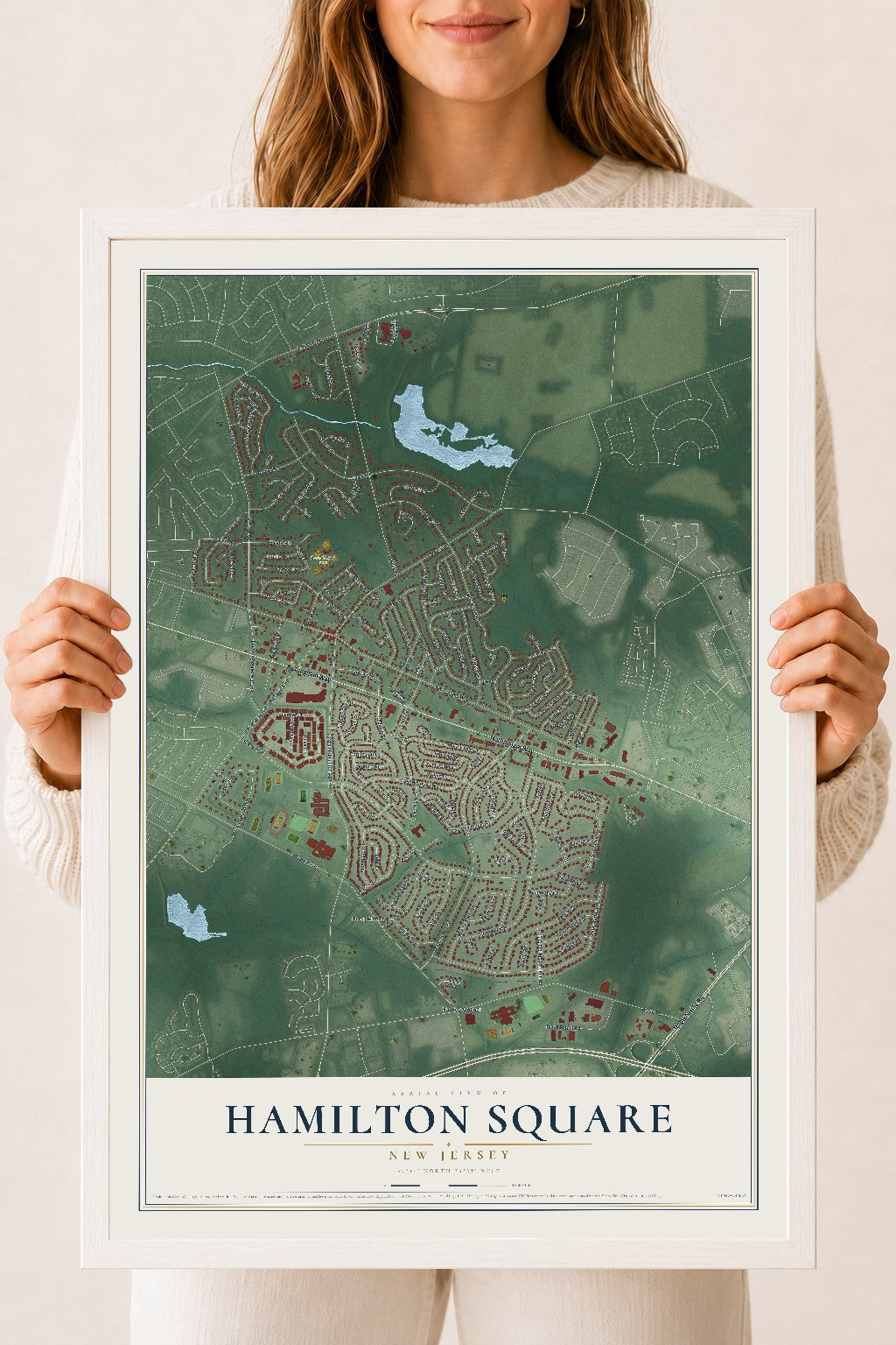 Hamilton Square, New Jersey map print, 18" x 24" W/ White Ayous Wood Frame mockup