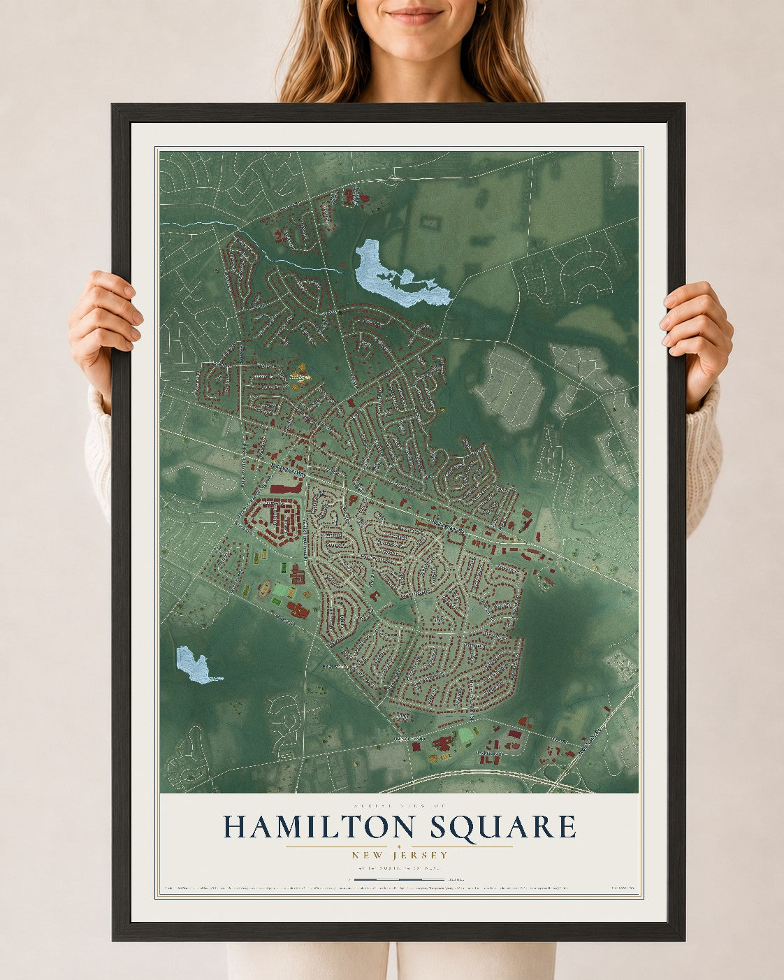 Hamilton Square, New Jersey map print, 24" x 36" W/ Black Ayous Wood Frame mockup