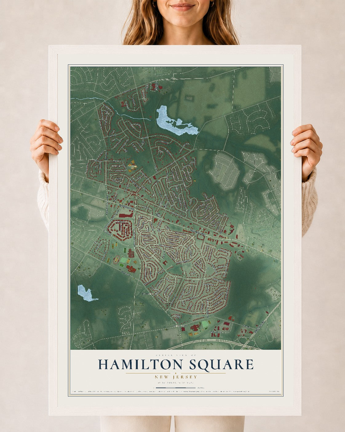 Hamilton Square, New Jersey map print, 24" x 36" W/ White Ayous Wood Frame mockup