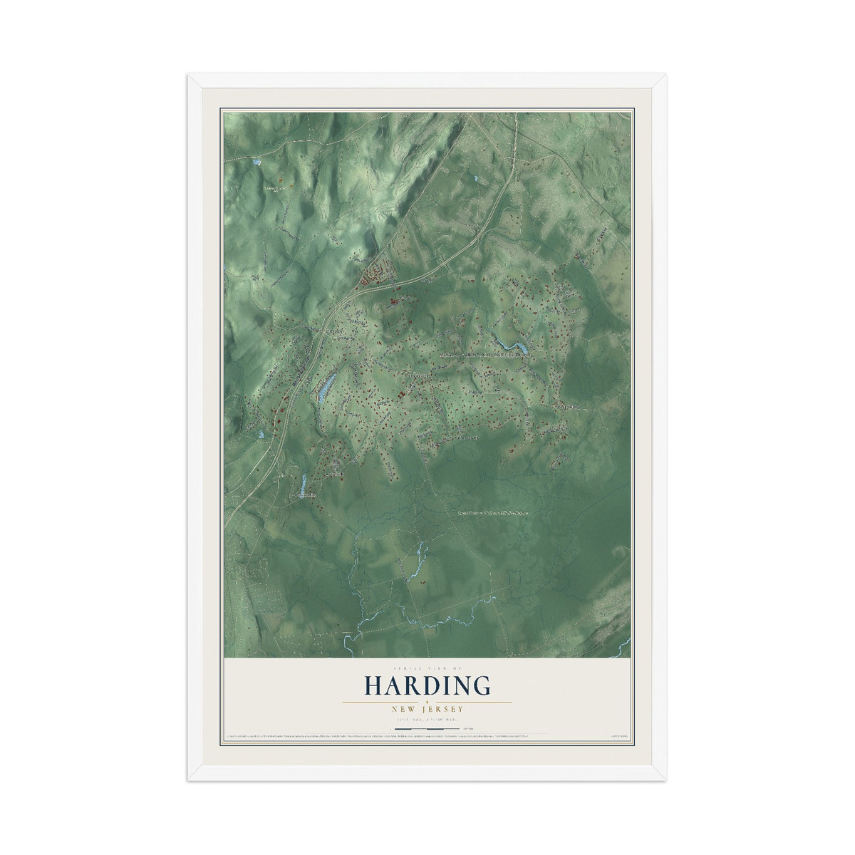 Harding, New Jersey map print, 12" x 18" W/ White Ayous Wood Frame mockup