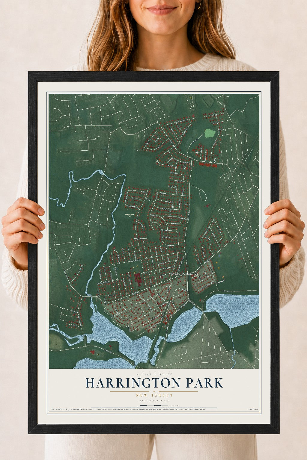 Harrington Park, New Jersey map print, 18" x 24" W/ Black Ayous Wood Frame mockup