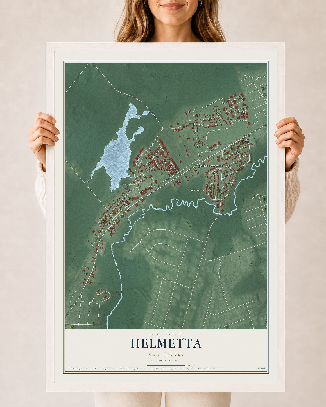 Helmetta, New Jersey map print, 24" x 36" W/ White Ayous Wood Frame mockup