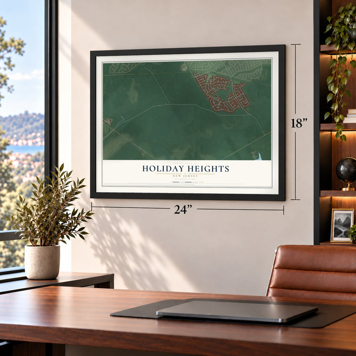 Holiday Heights, New Jersey map, 18 x 24 inch print in a black frame in a home office