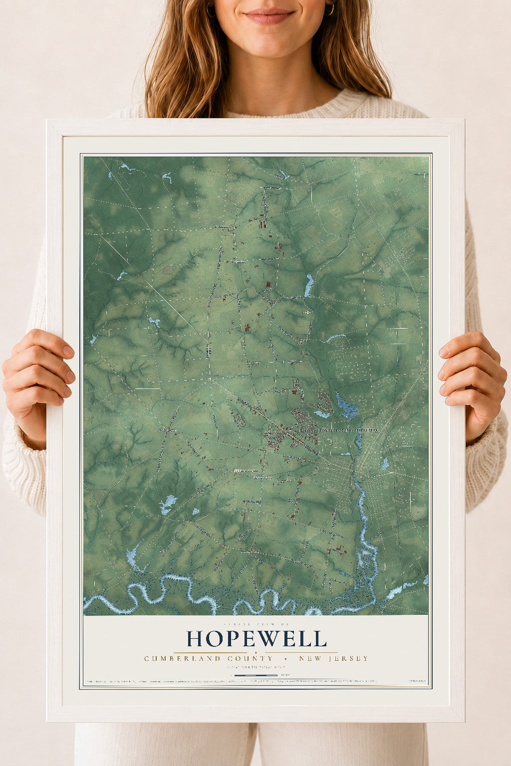 Hopewell, New Jersey map print, 18" x 24" W/ White Ayous Wood Frame mockup
