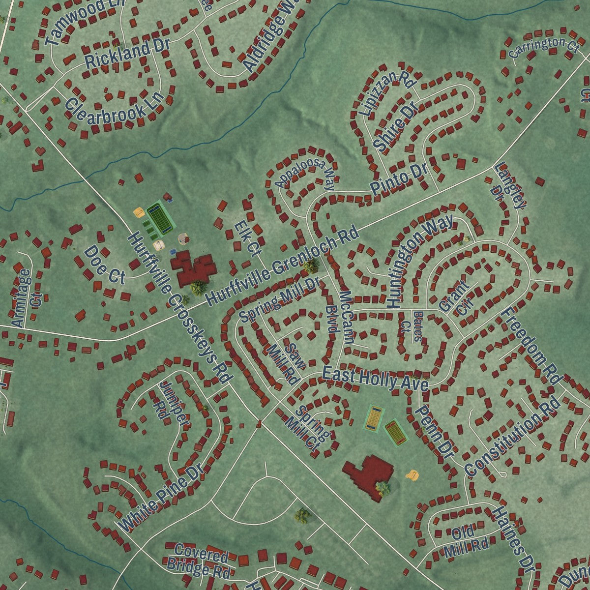 Close-up of the map of Hurffville, New Jersey print showing street and building detail