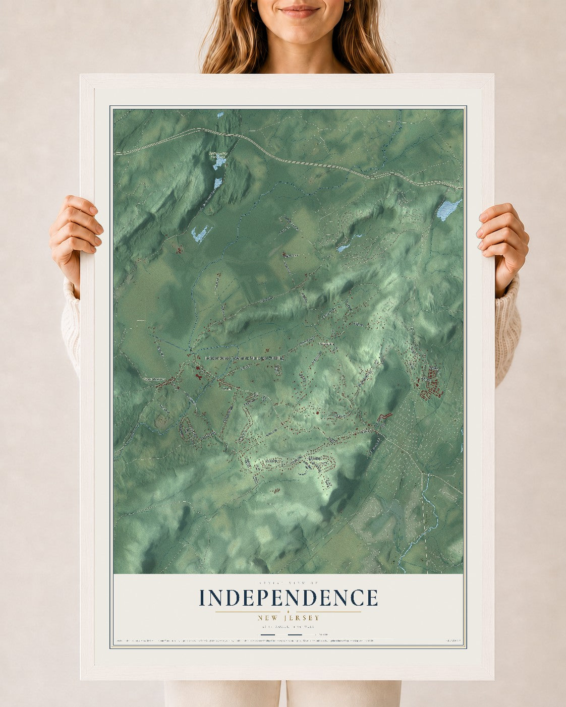 Independence, New Jersey map print, 24" x 36" W/ White Ayous Wood Frame mockup