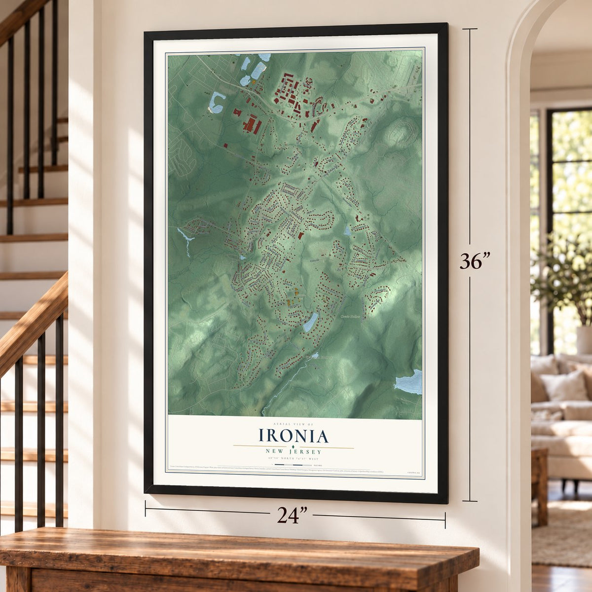 Ironia, New Jersey map, 24 x 36 inch print in a black frame by a staircase