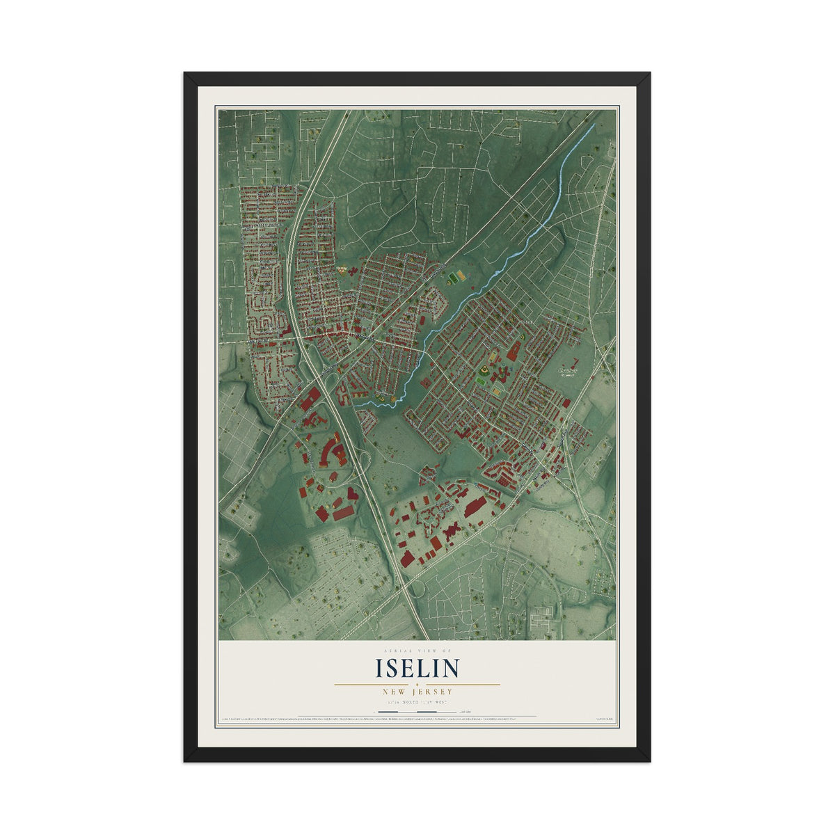 Iselin, New Jersey map print, 12" x 18" W/ Black Ayous Wood Frame mockup