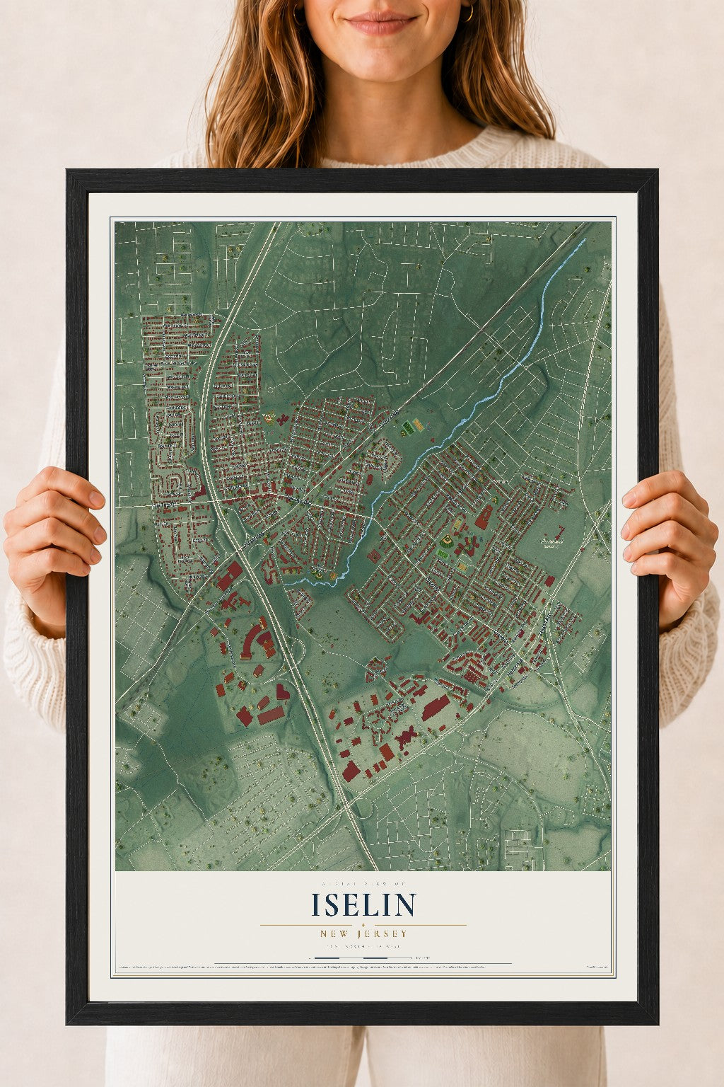 Iselin, New Jersey map print, 18" x 24" W/ Black Ayous Wood Frame mockup