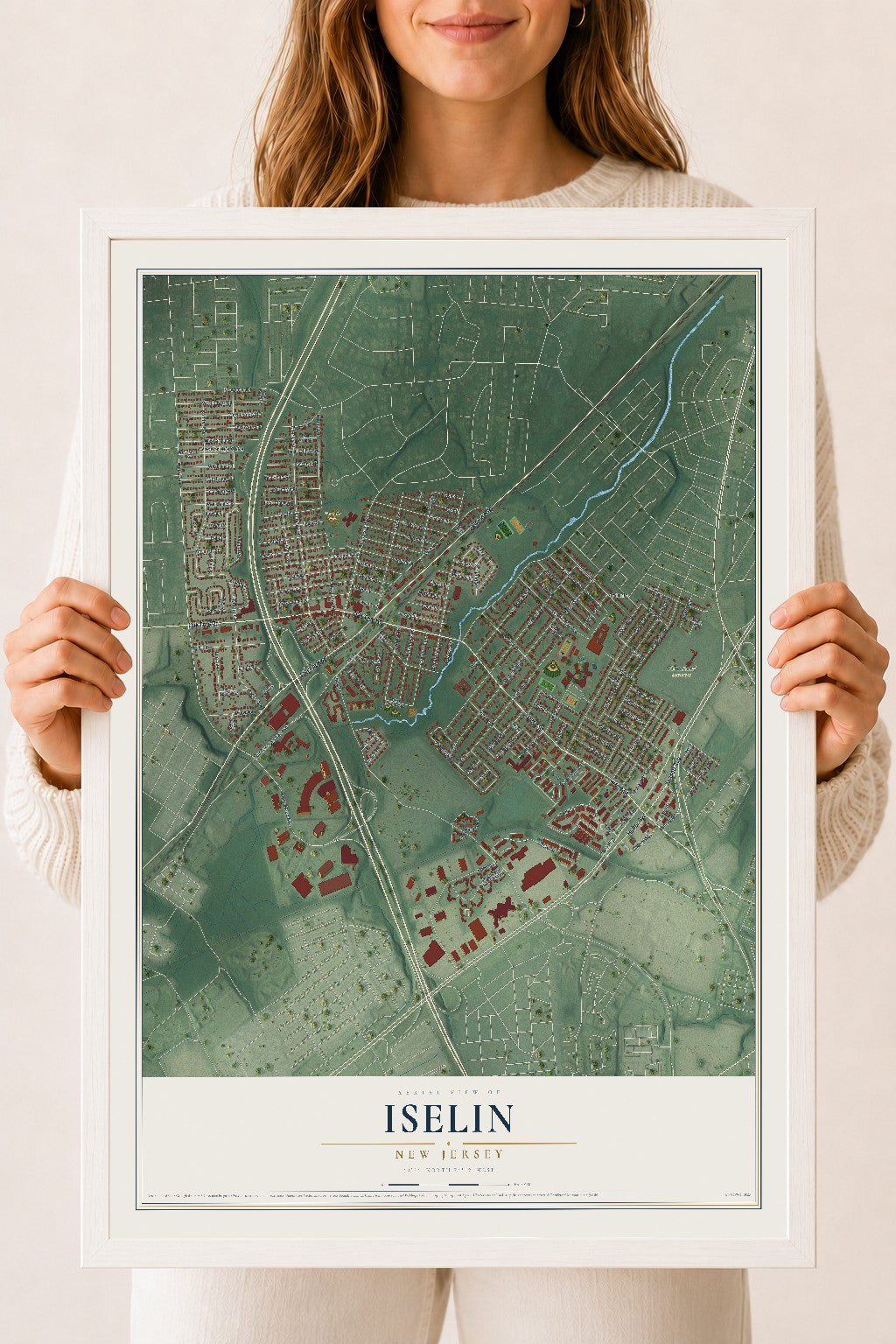 Iselin, New Jersey map print, 18" x 24" W/ White Ayous Wood Frame mockup