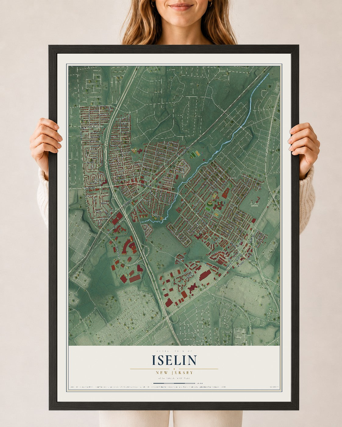 Iselin, New Jersey map print, 24" x 36" W/ Black Ayous Wood Frame mockup