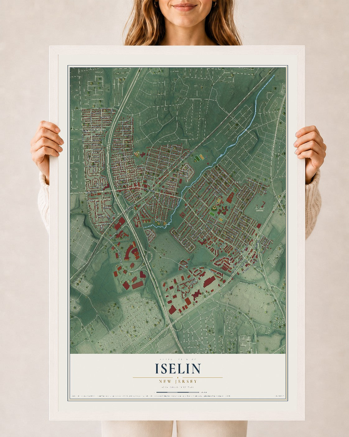 Iselin, New Jersey map print, 24" x 36" W/ White Ayous Wood Frame mockup