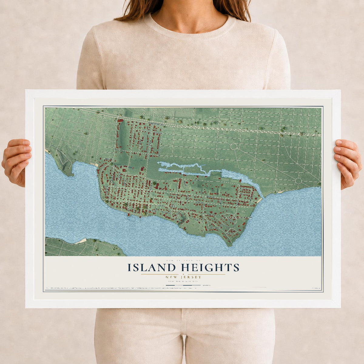 Island Heights, New Jersey map print, 12" x 18" W/ White Ayous Wood Frame mockup