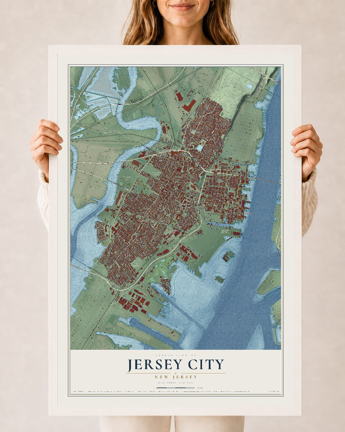 Jersey City, New Jersey map print, 24" x 36" W/ White Ayous Wood Frame mockup