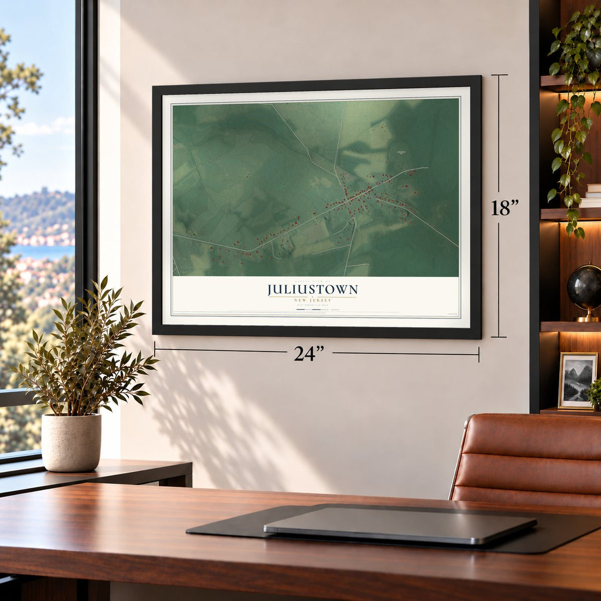 Juliustown, New Jersey map, 18 x 24 inch print in a black frame in a home office