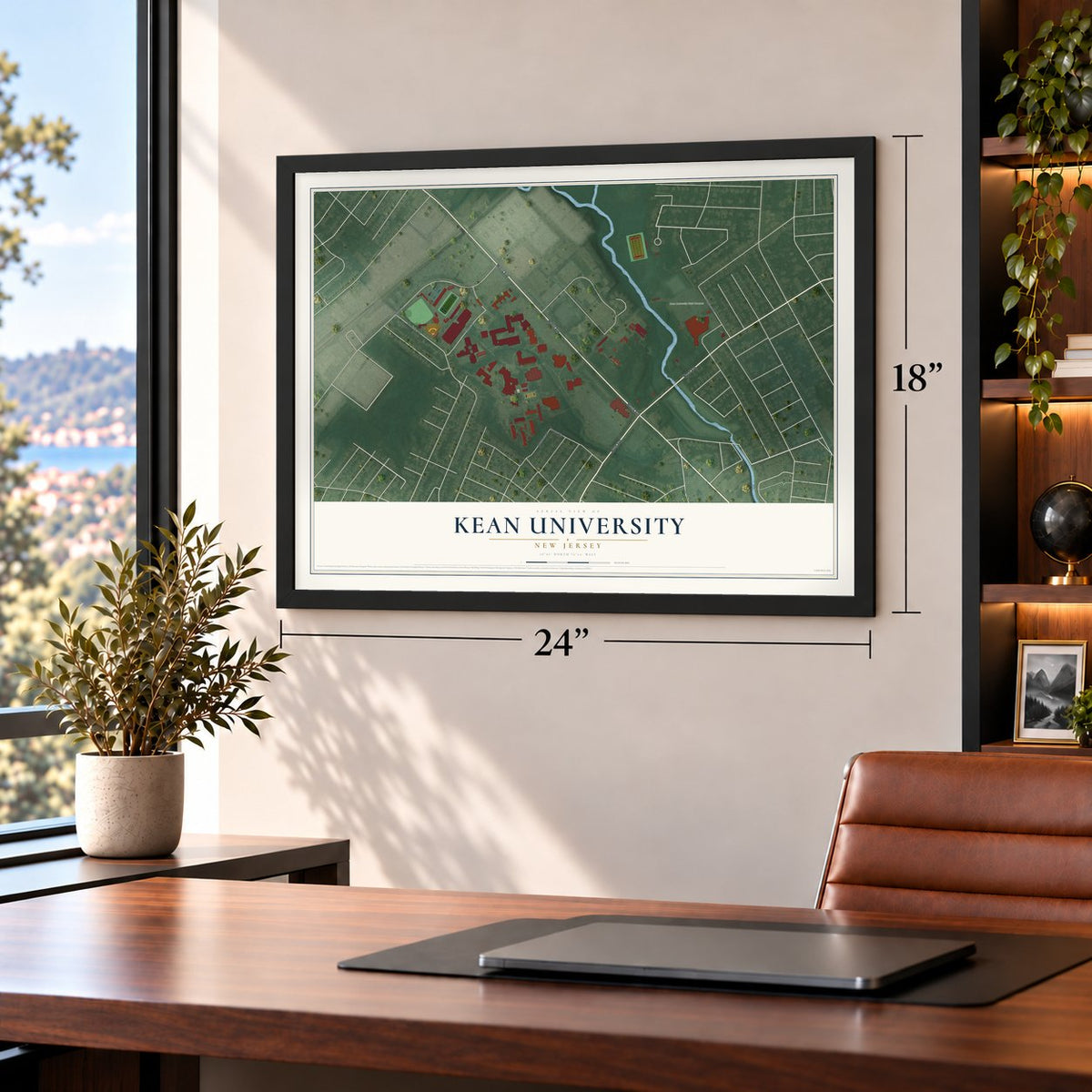 Kean University, New Jersey map, 18 x 24 inch print in a black frame in a home office