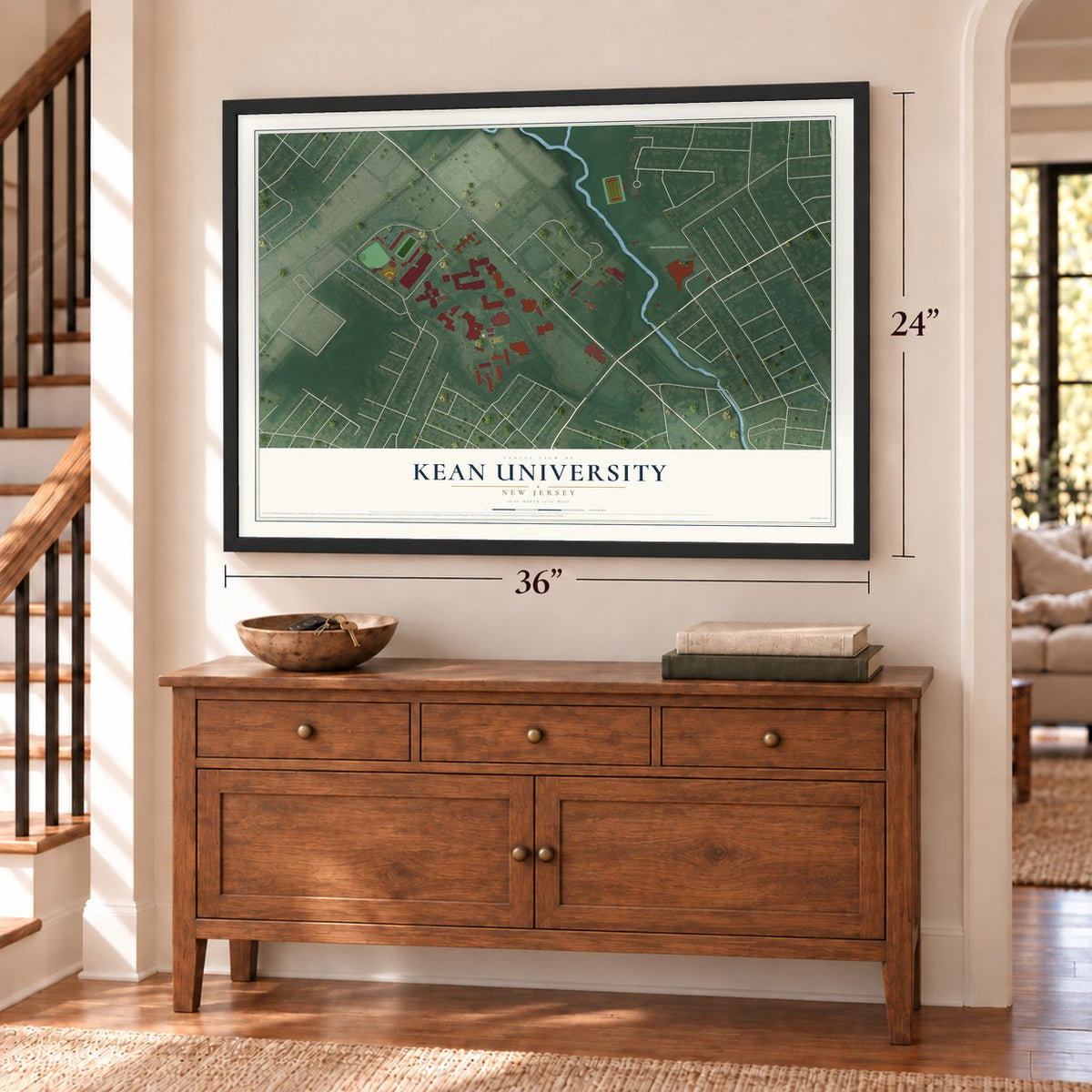 Kean University, New Jersey map, 24 x 36 inch print in a black frame above a dresser by a staircase