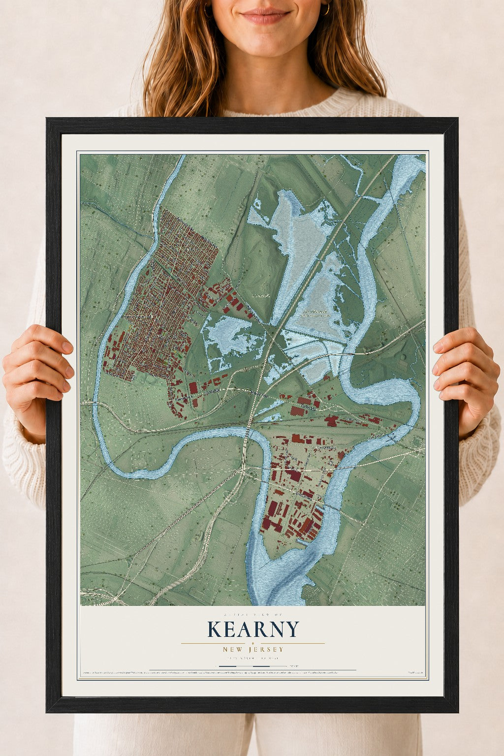 Kearny, New Jersey map print, 18" x 24" W/ Black Ayous Wood Frame mockup