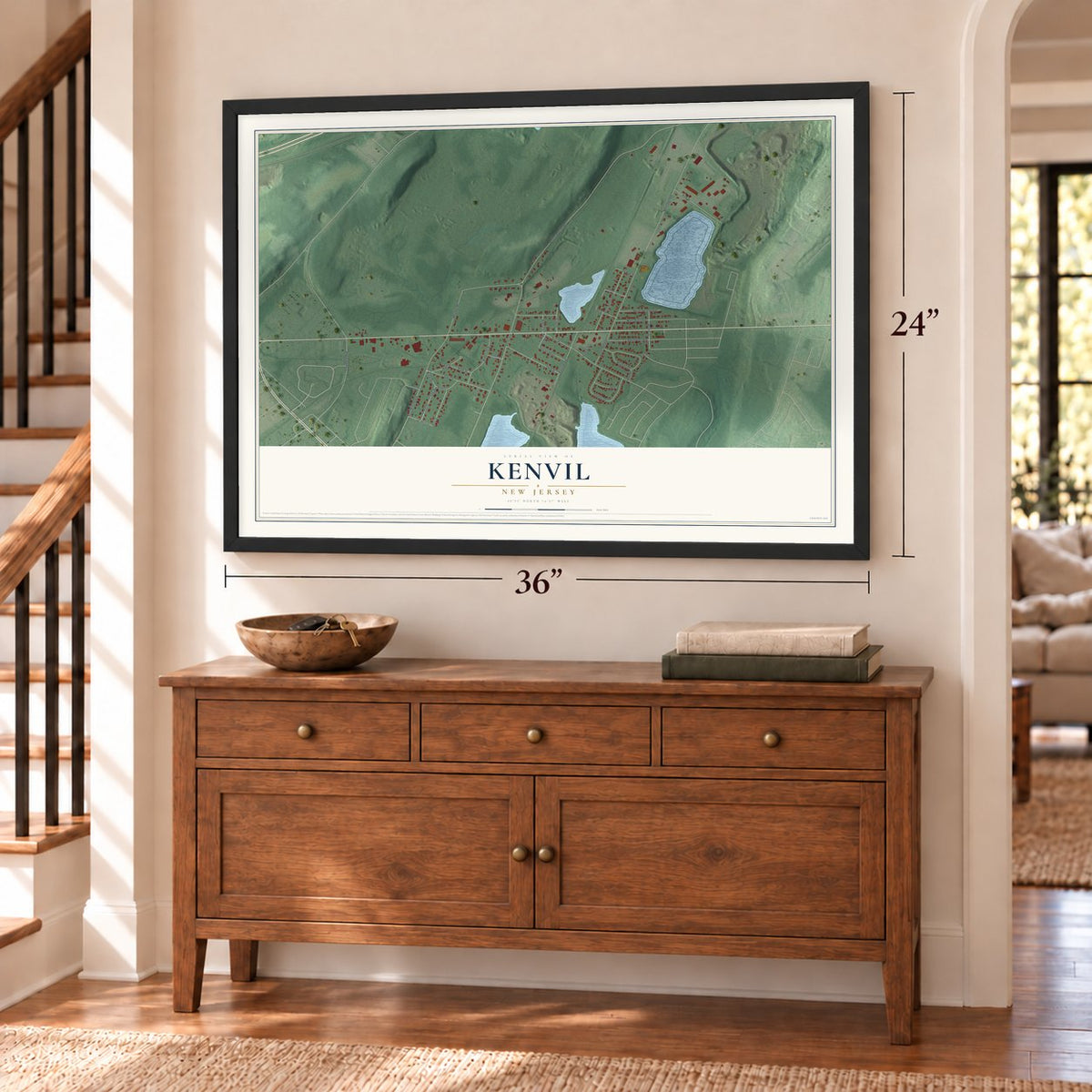 Kenvil, New Jersey map, 24 x 36 inch print in a black frame above a dresser by a staircase