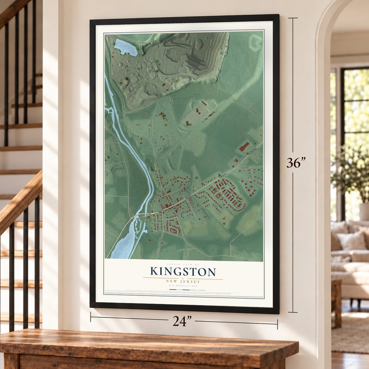Kingston, New Jersey map, 24 x 36 inch print in a black frame by a staircase