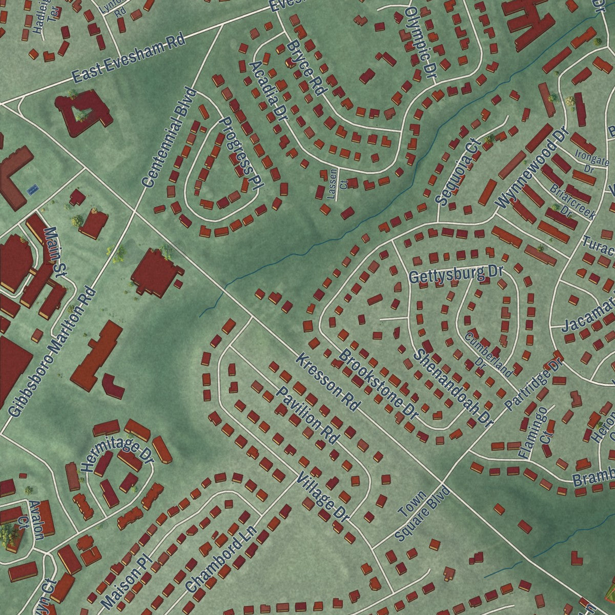 Close-up of the map of Kresson, New Jersey print showing street and building detail