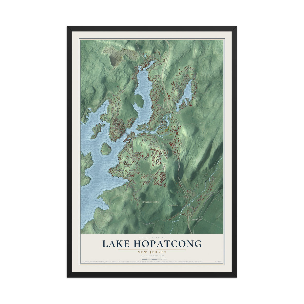 Lake Hopatcong, New Jersey map print, 12" x 18" W/ Black Ayous Wood Frame mockup