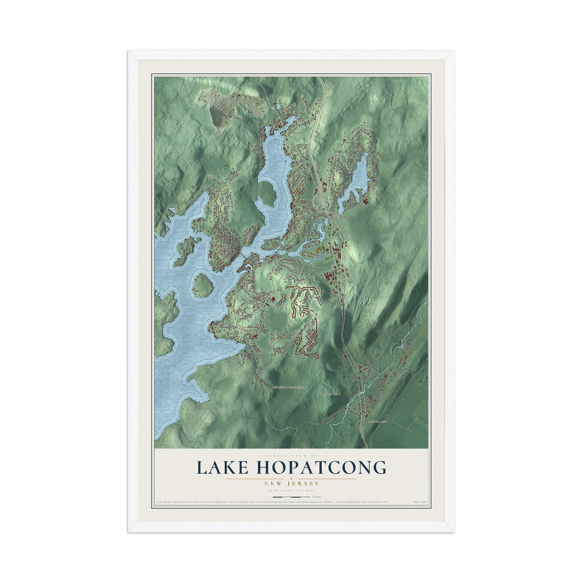 Lake Hopatcong, New Jersey map print, 12" x 18" W/ White Ayous Wood Frame mockup