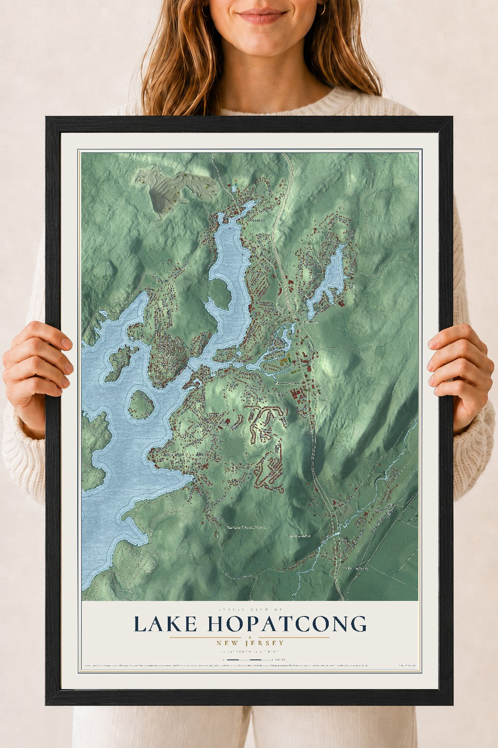 Lake Hopatcong, New Jersey map print, 18" x 24" W/ Black Ayous Wood Frame mockup