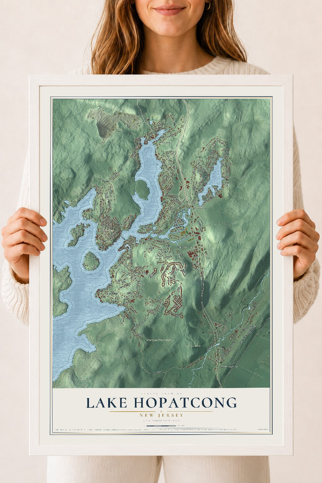 Lake Hopatcong, New Jersey map print, 18" x 24" W/ White Ayous Wood Frame mockup