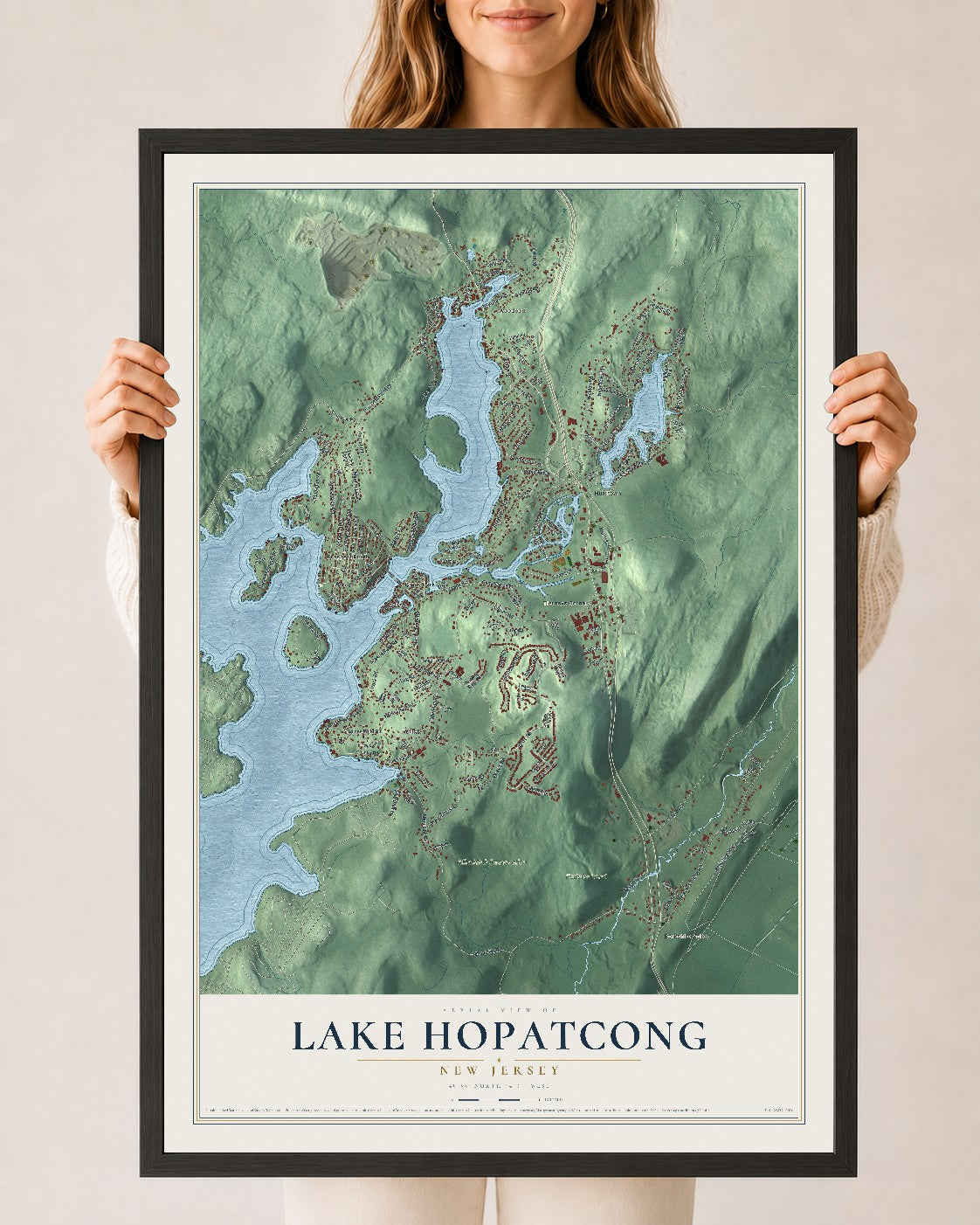 Lake Hopatcong, New Jersey map print, 24" x 36" W/ Black Ayous Wood Frame mockup