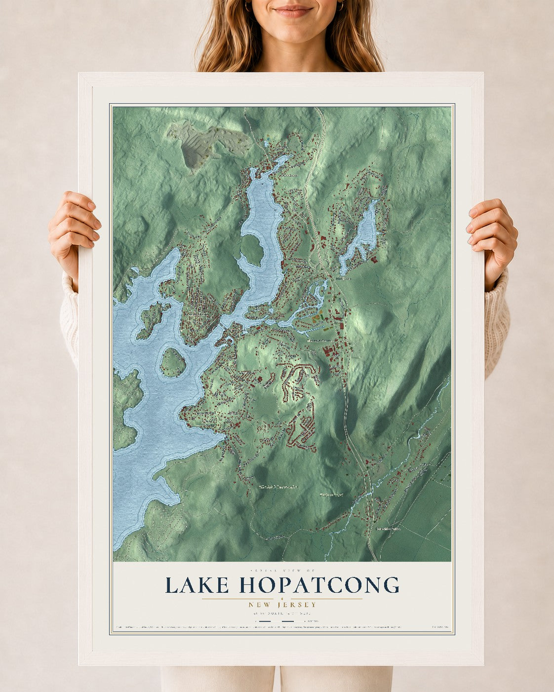Lake Hopatcong, New Jersey map print, 24" x 36" W/ White Ayous Wood Frame mockup