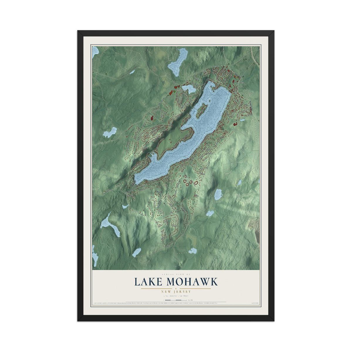 Lake Mohawk, New Jersey map print, 12" x 18" W/ Black Ayous Wood Frame mockup