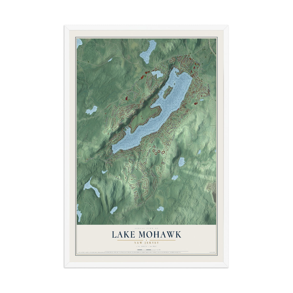 Lake Mohawk, New Jersey map print, 12" x 18" W/ White Ayous Wood Frame mockup