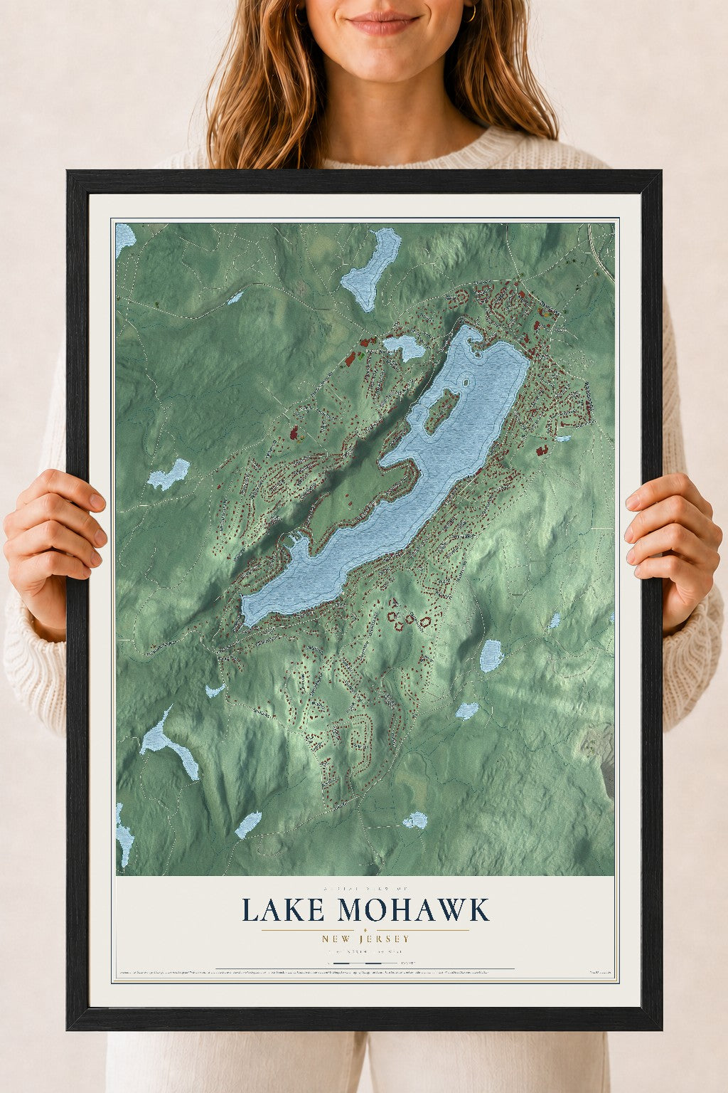 Lake Mohawk, New Jersey map print, 18" x 24" W/ Black Ayous Wood Frame mockup
