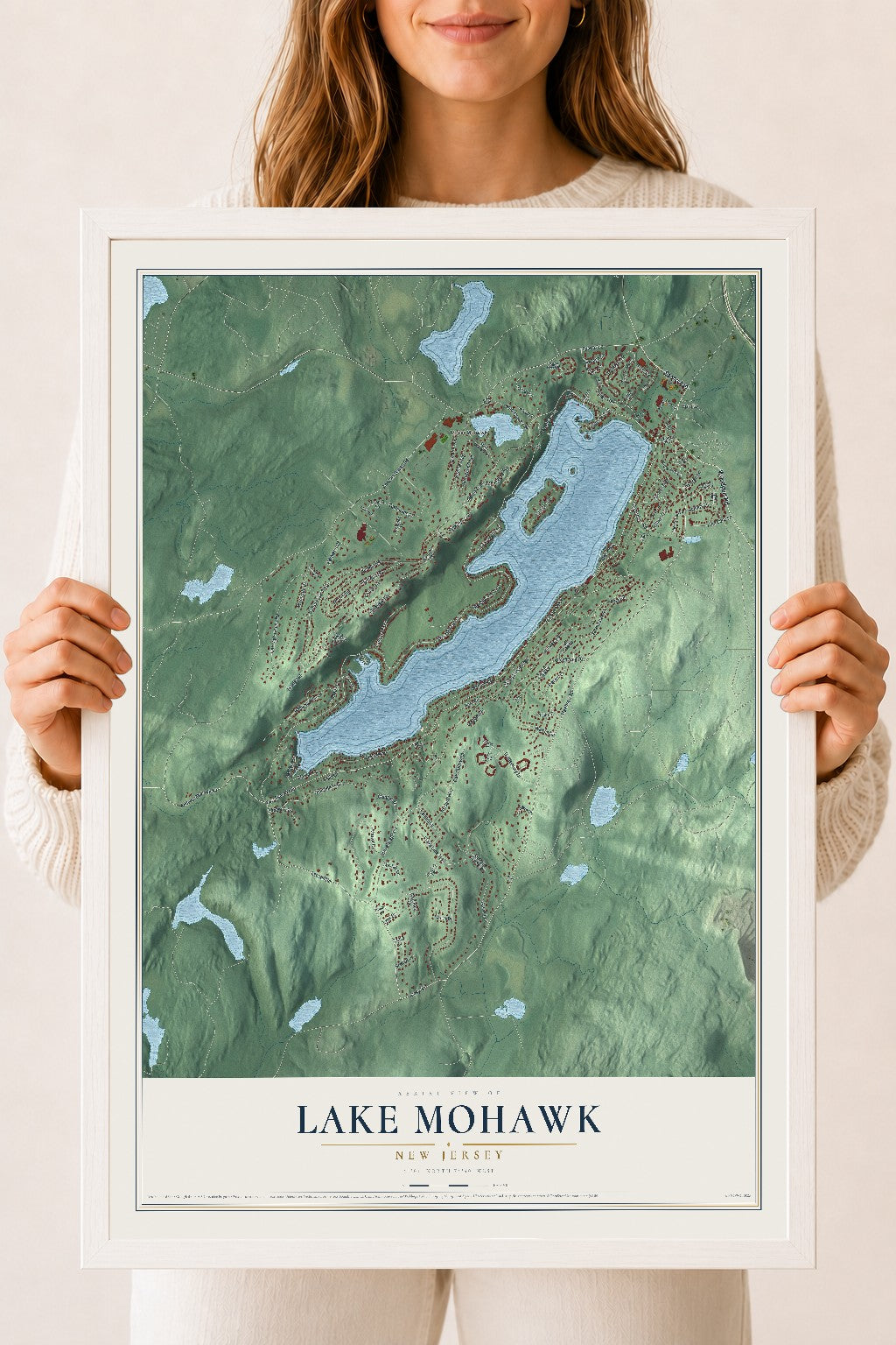 Lake Mohawk, New Jersey map print, 18" x 24" W/ White Ayous Wood Frame mockup