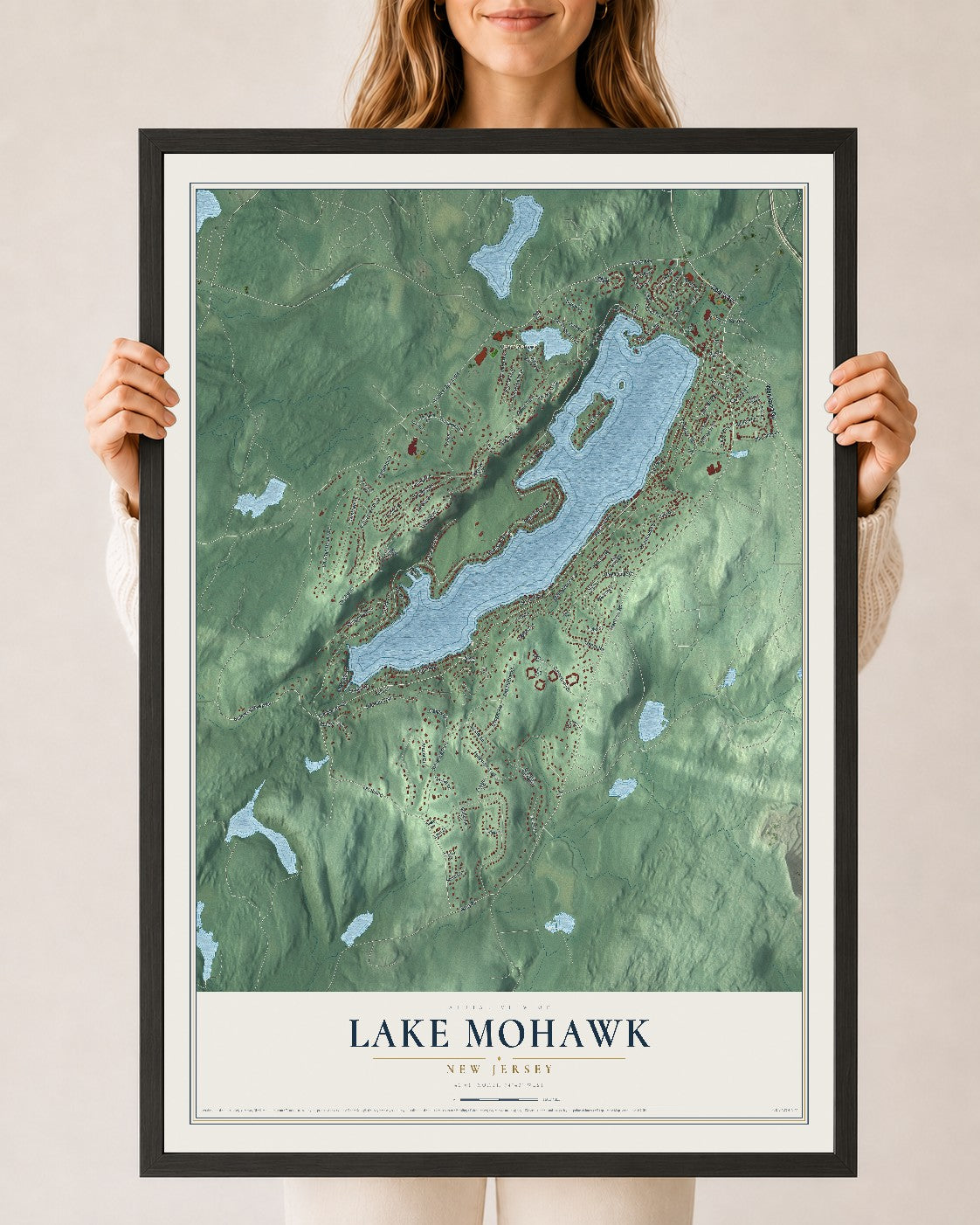 Lake Mohawk, New Jersey map print, 24" x 36" W/ Black Ayous Wood Frame mockup