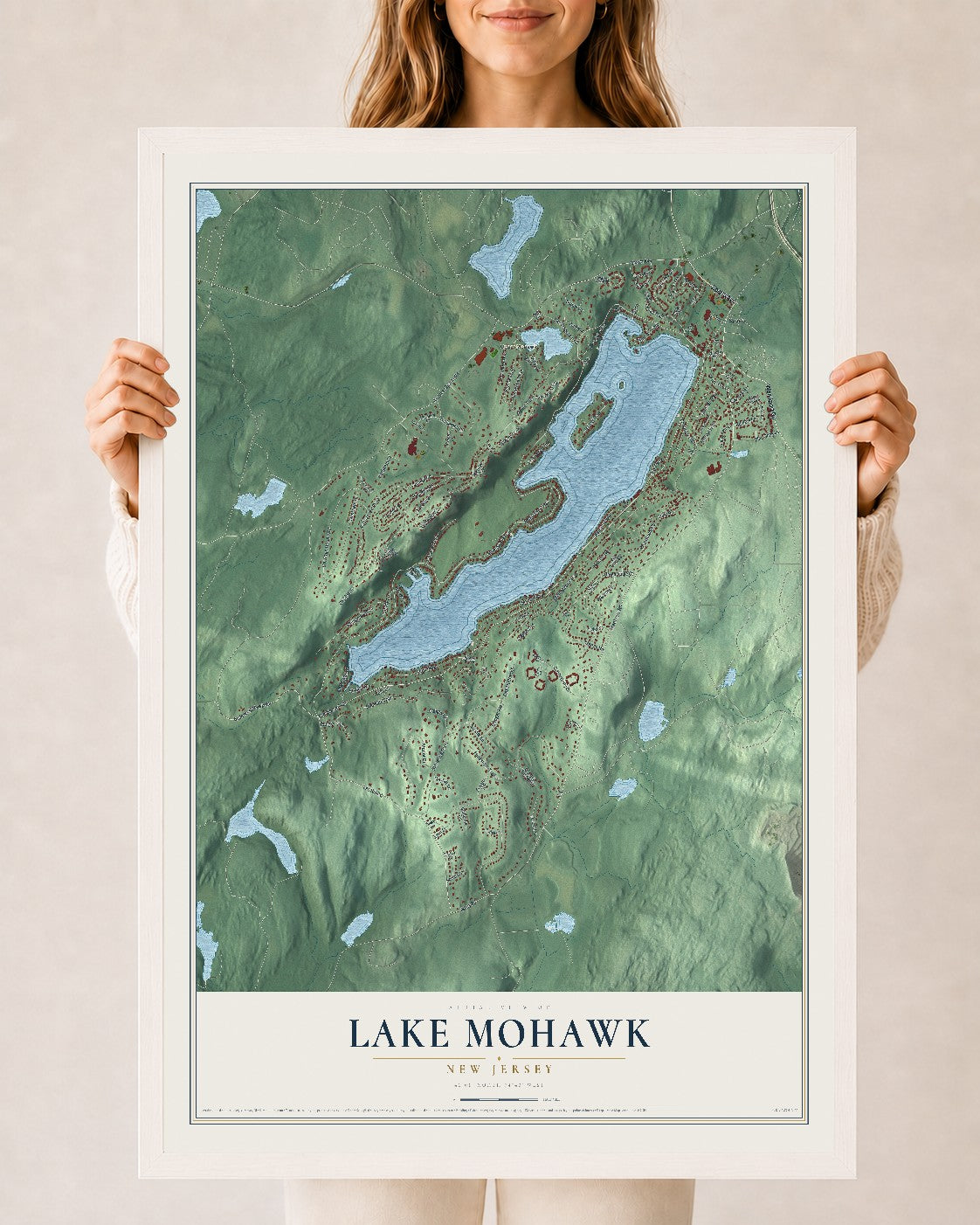 Lake Mohawk, New Jersey map print, 24" x 36" W/ White Ayous Wood Frame mockup