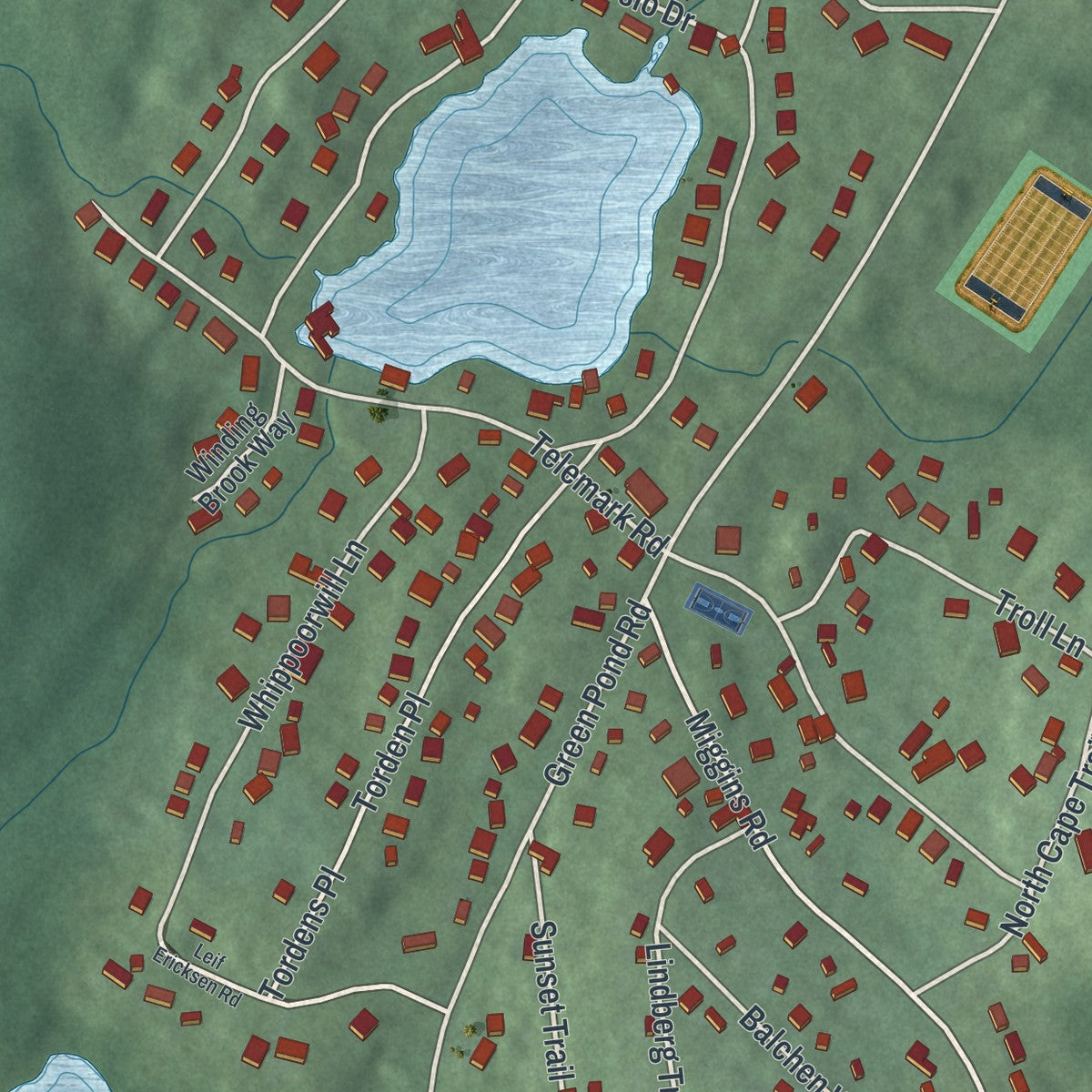 Close-up of the map of Lake Telemark, New Jersey print showing street and building detail