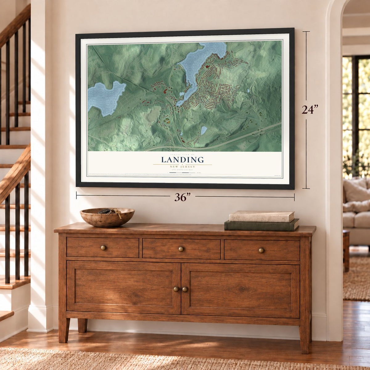 Landing, New Jersey map, 24 x 36 inch print in a black frame above a dresser by a staircase