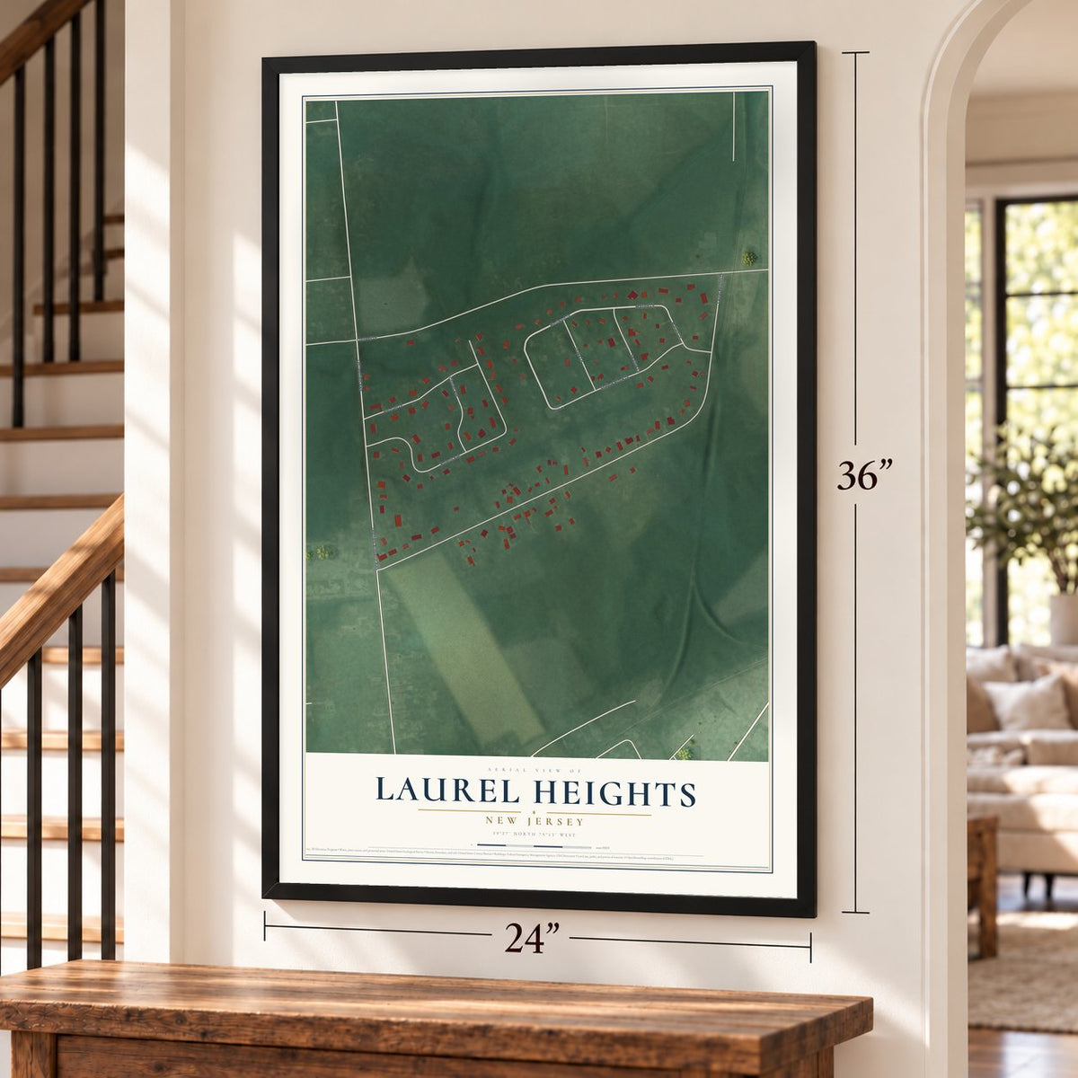 Laurel Heights, New Jersey map, 24 x 36 inch print in a black frame by a staircase