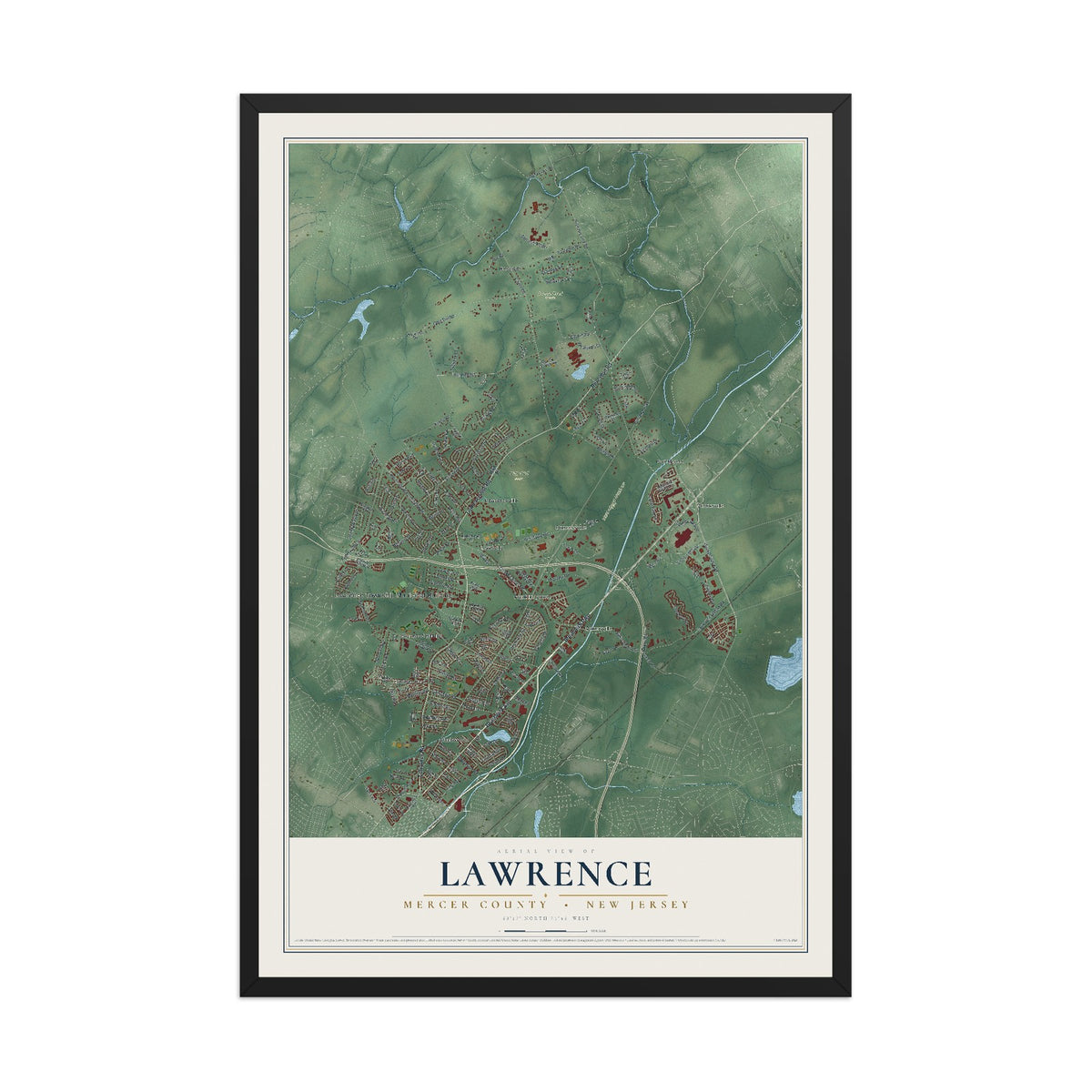 Lawrence, New Jersey map print, 12" x 18" W/ Black Ayous Wood Frame mockup