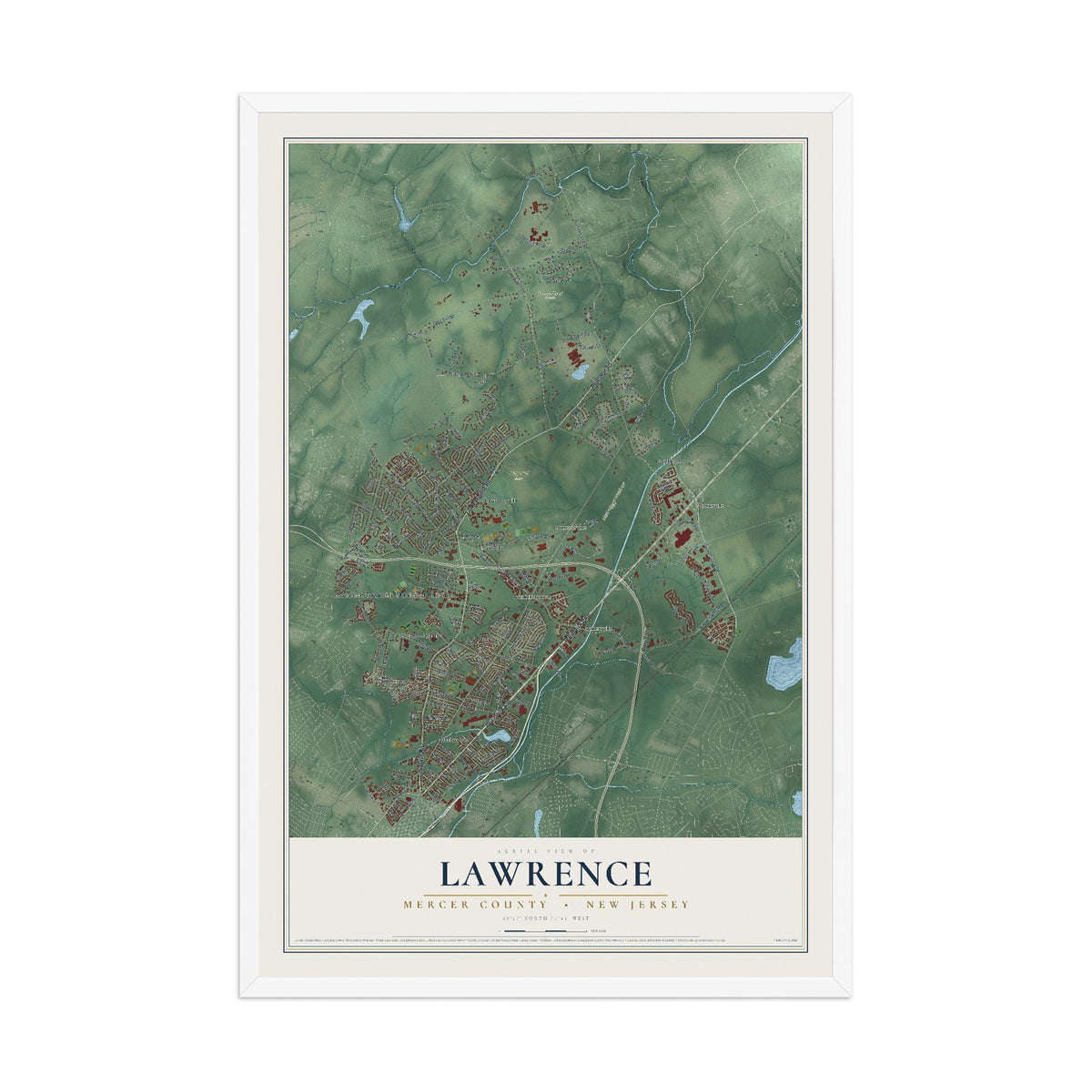 Lawrence, New Jersey map print, 12" x 18" W/ White Ayous Wood Frame mockup