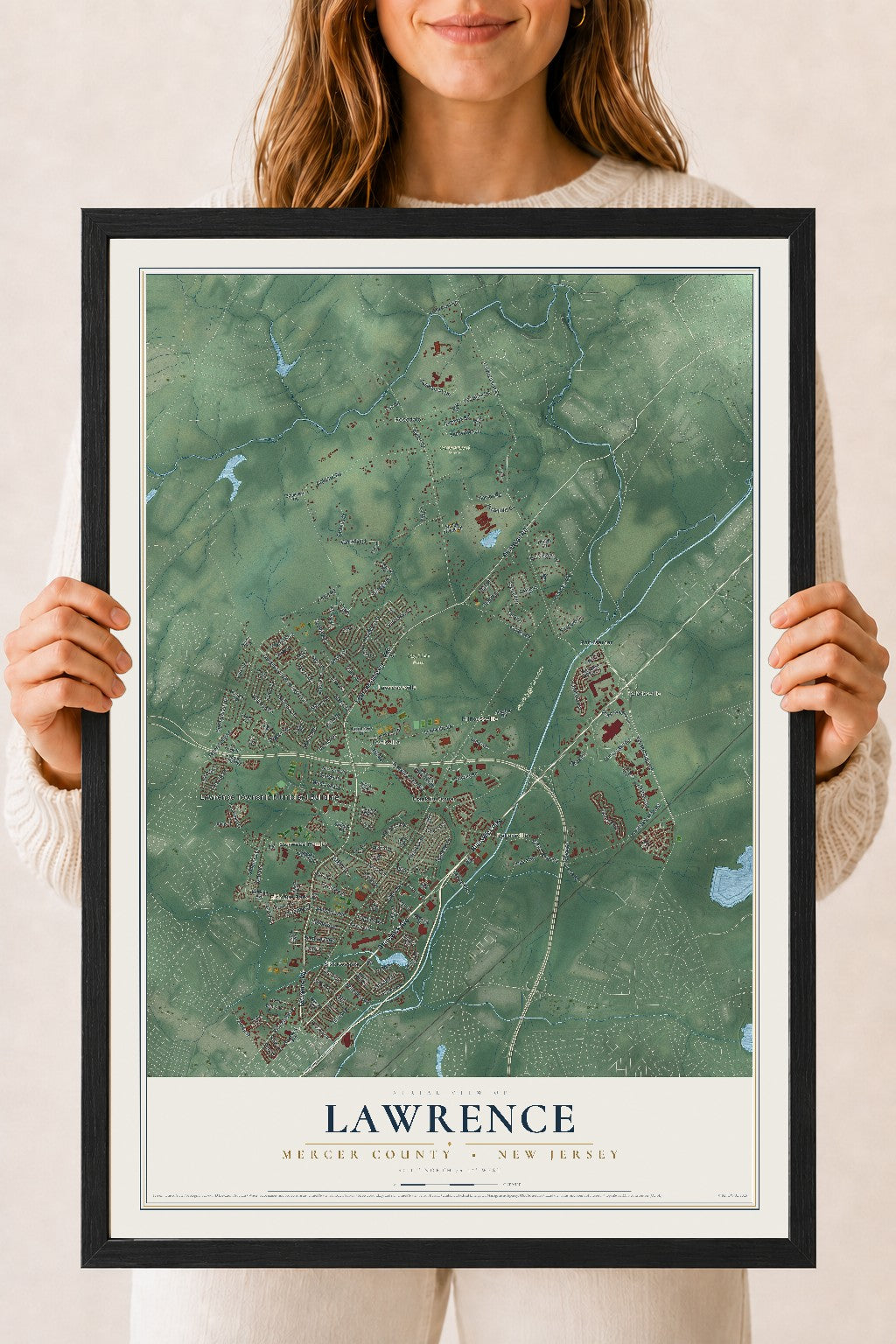 Lawrence, New Jersey map print, 18" x 24" W/ Black Ayous Wood Frame mockup