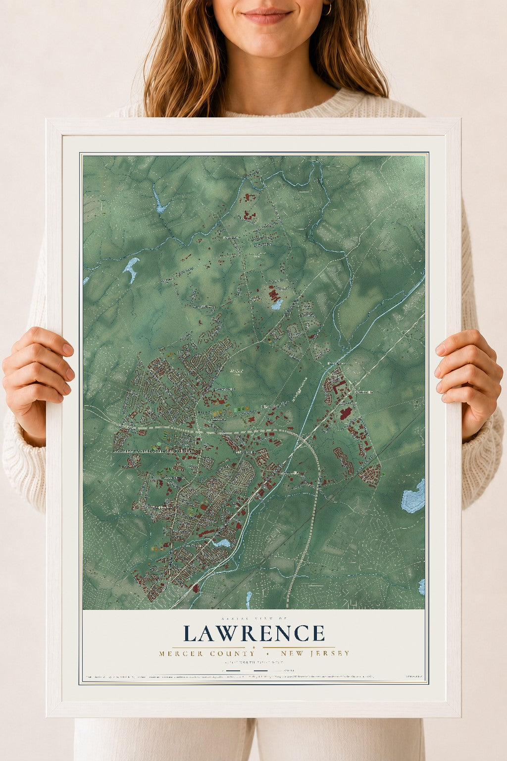 Lawrence, New Jersey map print, 18" x 24" W/ White Ayous Wood Frame mockup