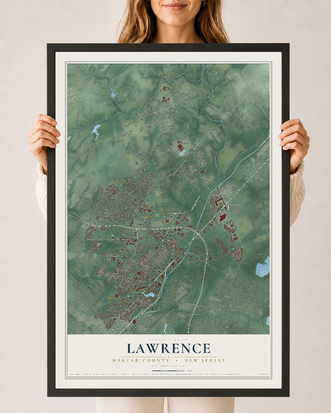 Lawrence, New Jersey map print, 24" x 36" W/ Black Ayous Wood Frame mockup